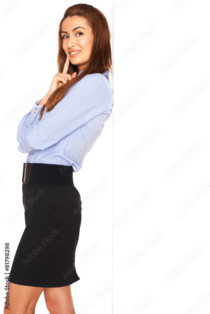 Pretty office employee behind a white board Pretty office employee behind a white board