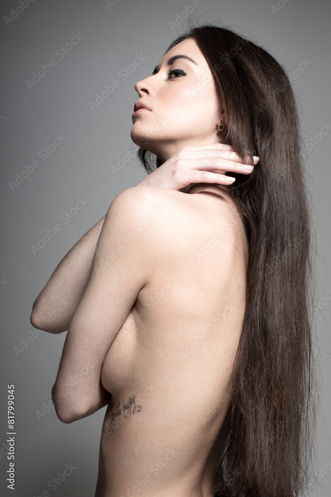 Fototapeta premium sexy fashion model long brunette hair topless beauty retouched
