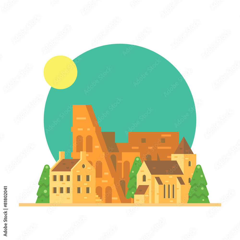 Flat design of Colloseum Italy with village Flat design of Colloseum Italy with village