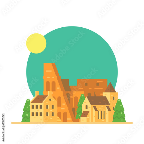 Flat design of Colloseum Italy with village