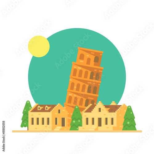 Flat design of the leaning tower of Pisa Italy with village