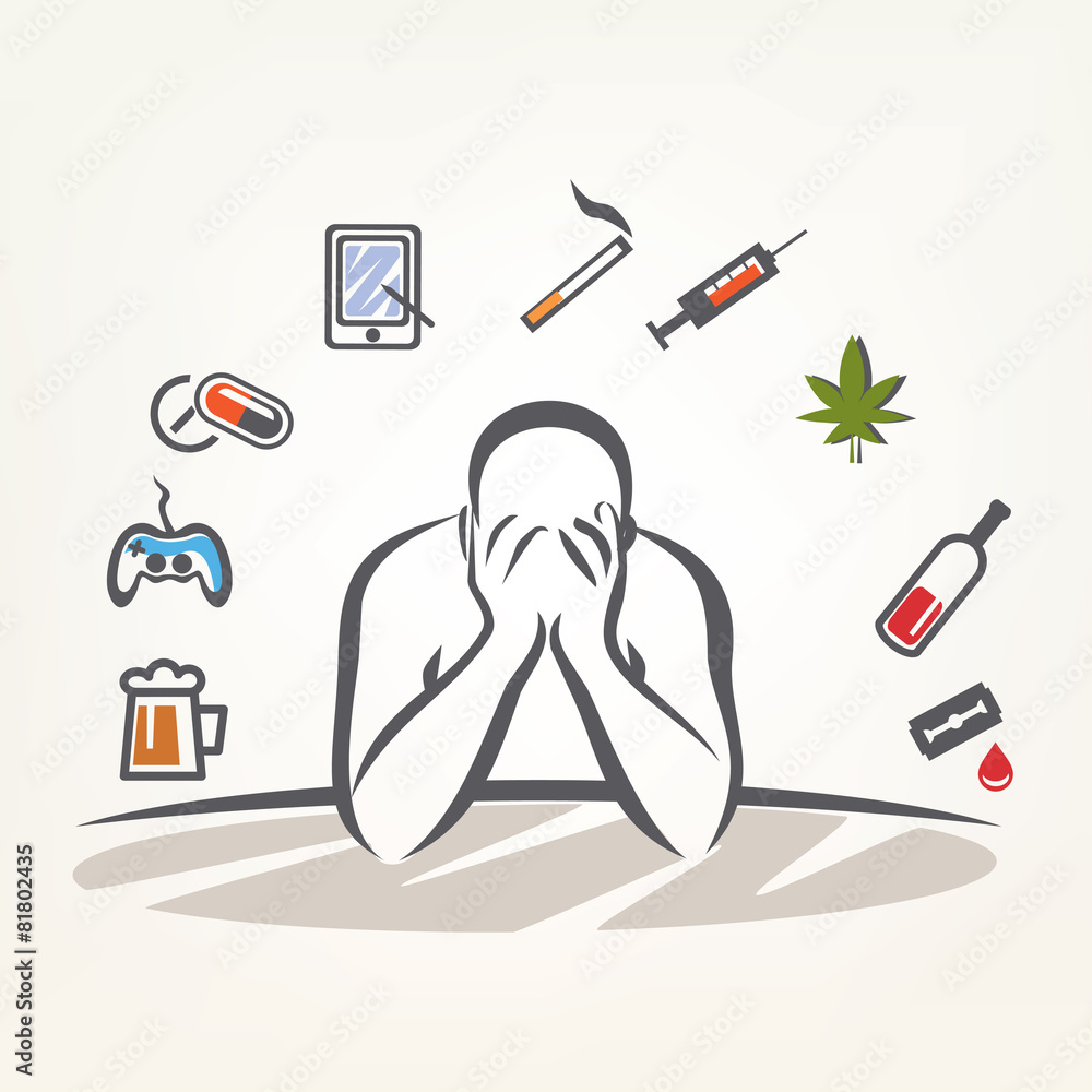 addict man and set of addiction symbols, outlined vector sketch Stock  Vector Adobe Stock