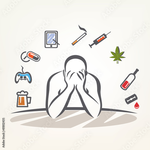 addict man and set of addiction symbols, outlined vector sketch