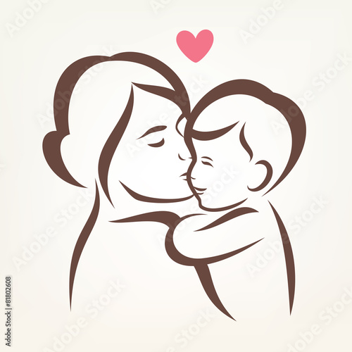 mother and son stylized vector silhouette, outlined sketch of mo