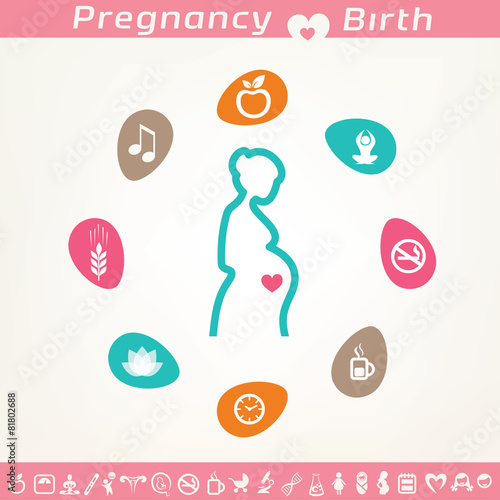 pregnant woman infographics and icons set, healthy lyfestyle