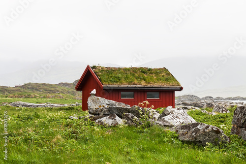 Typical red rorbu fishing hut in village , Lofoten #81803278