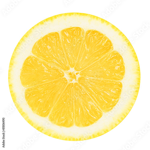 Juicy yellow section of lemon on a white background isolated
