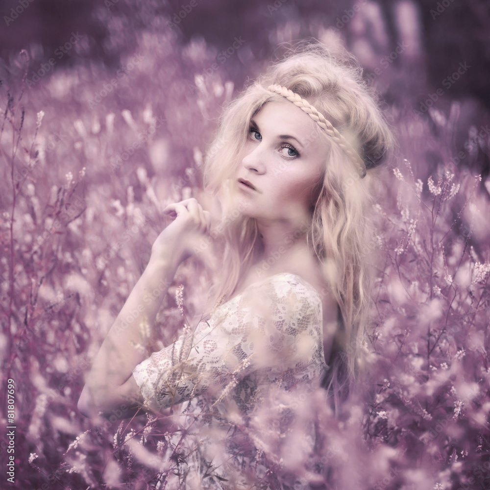 portrait of a beautiful girl hipster. Photo in violet tones