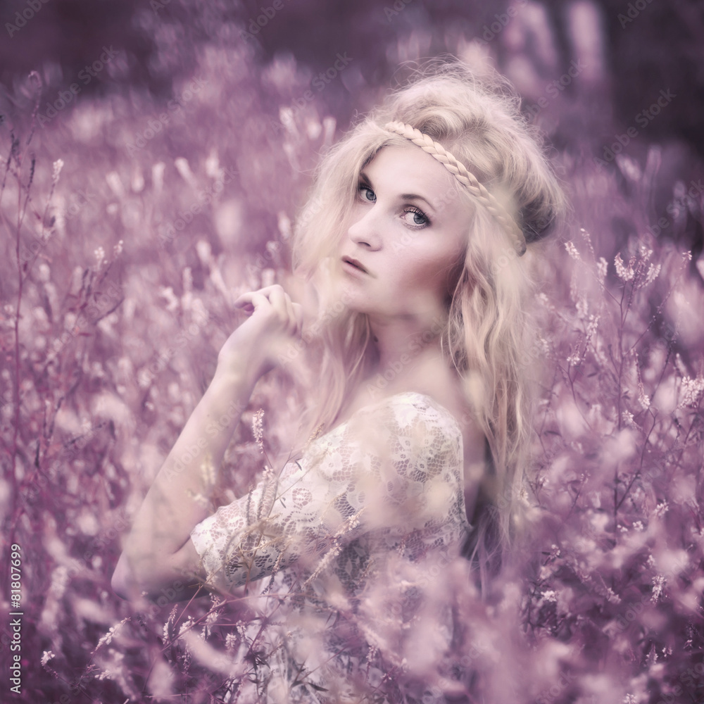 portrait of a beautiful girl hipster. Photo in violet tones portrait of a beautiful girl hipster. Photo in violet tones