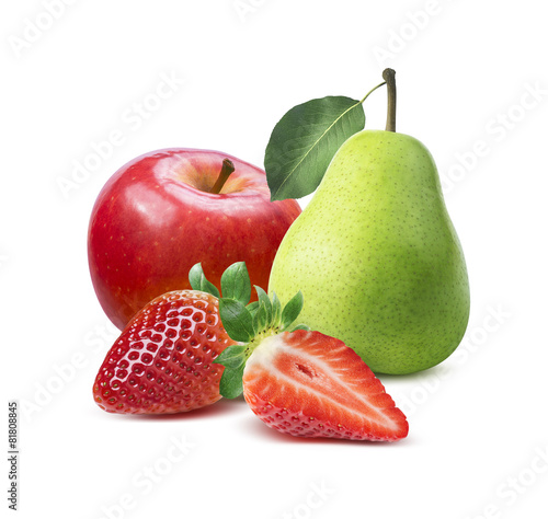 Fotografie Strawberry, red apple, green pear composition isolated on white