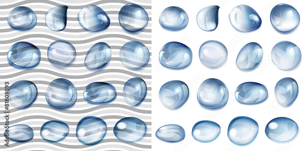 Transparent and opaque blue drops of various shapes