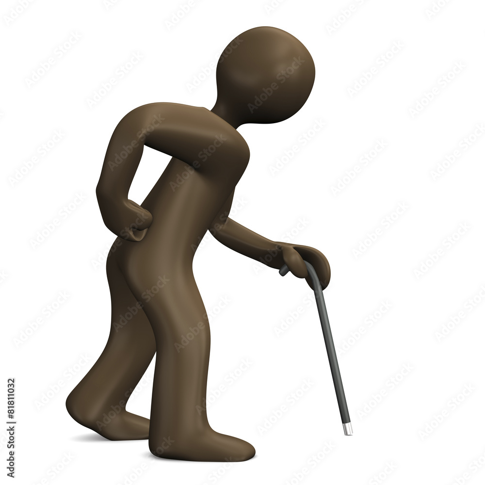 Senior mit Gehstock, Rückenschmerzen, 3D-Illustration Senior mit Gehstock, Rückenschmerzen, 3D-Illustration