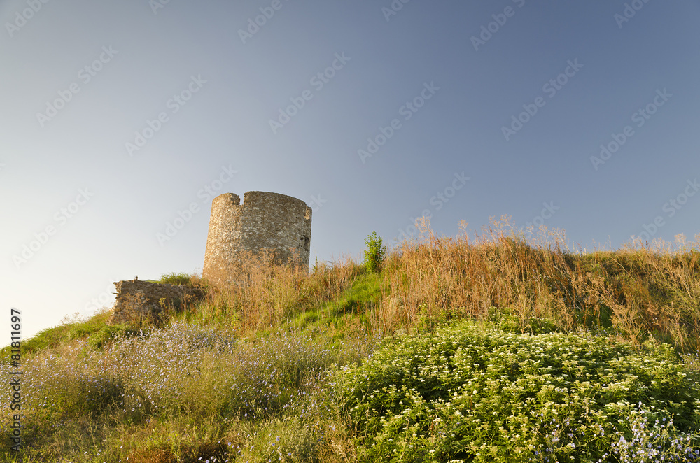 Ruins of the ancient ancient tower at seaside Nessebar, Bulgaria