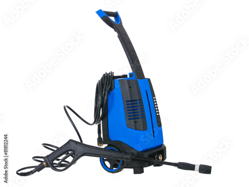 Blue pressure portable washer with hose on white background photo