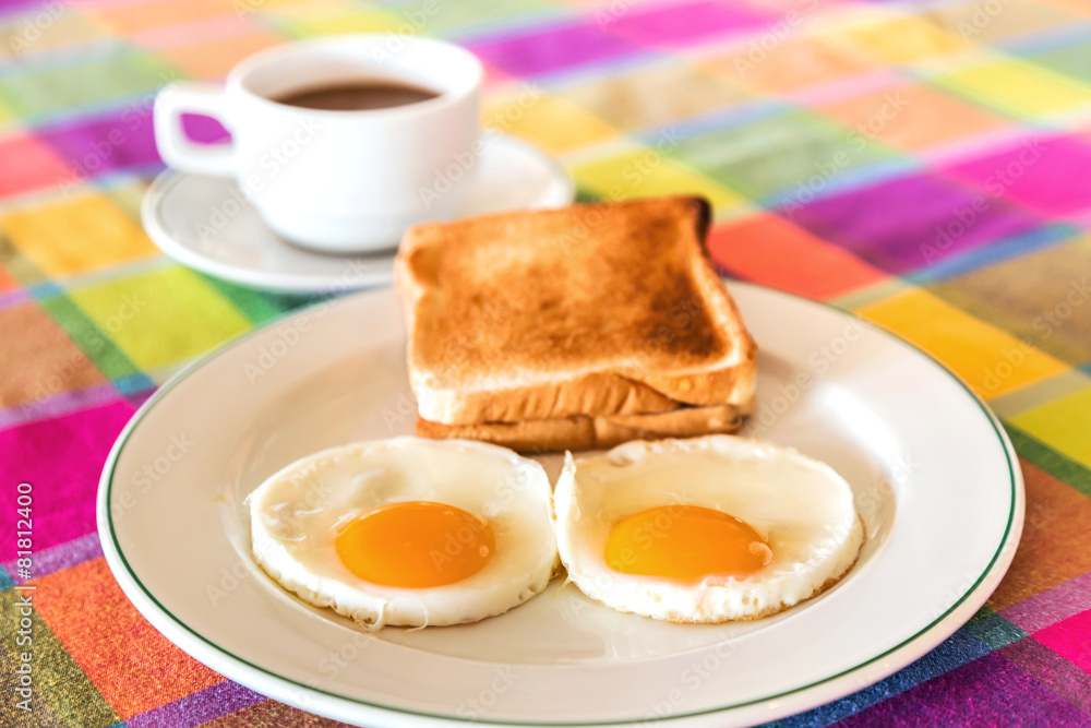 fried eggs and toasts for breakfast with coffee background fried eggs and toasts for breakfast with coffee background