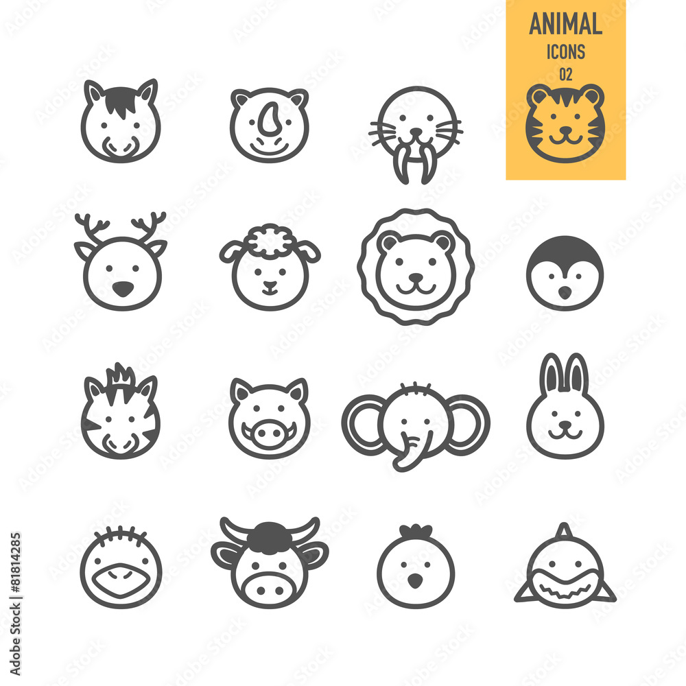 Animal face icons set. Vector illustration.
