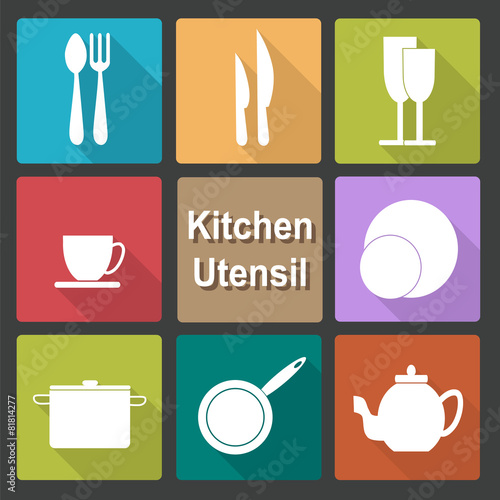 Icons set of kitchen utensil in flat design style - colored