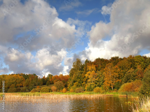 Sunny autumn landscape with lake