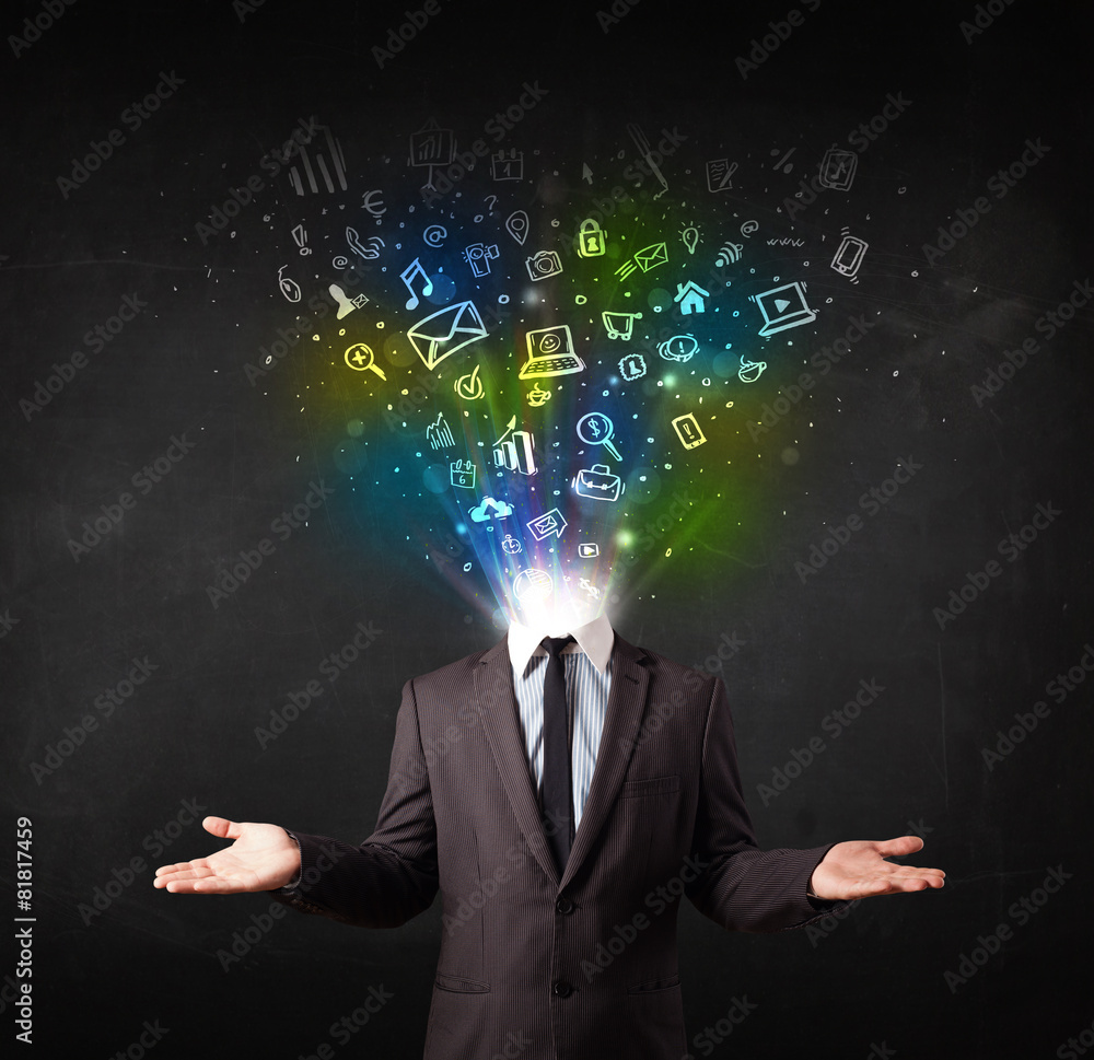 Business man with glowing media icons exploding head Business man with glowing media icons exploding head