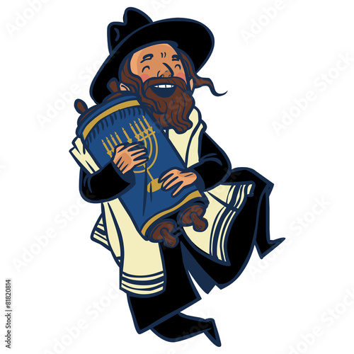 Funny cartoon jewish man dancing with Torah. Vector illustration