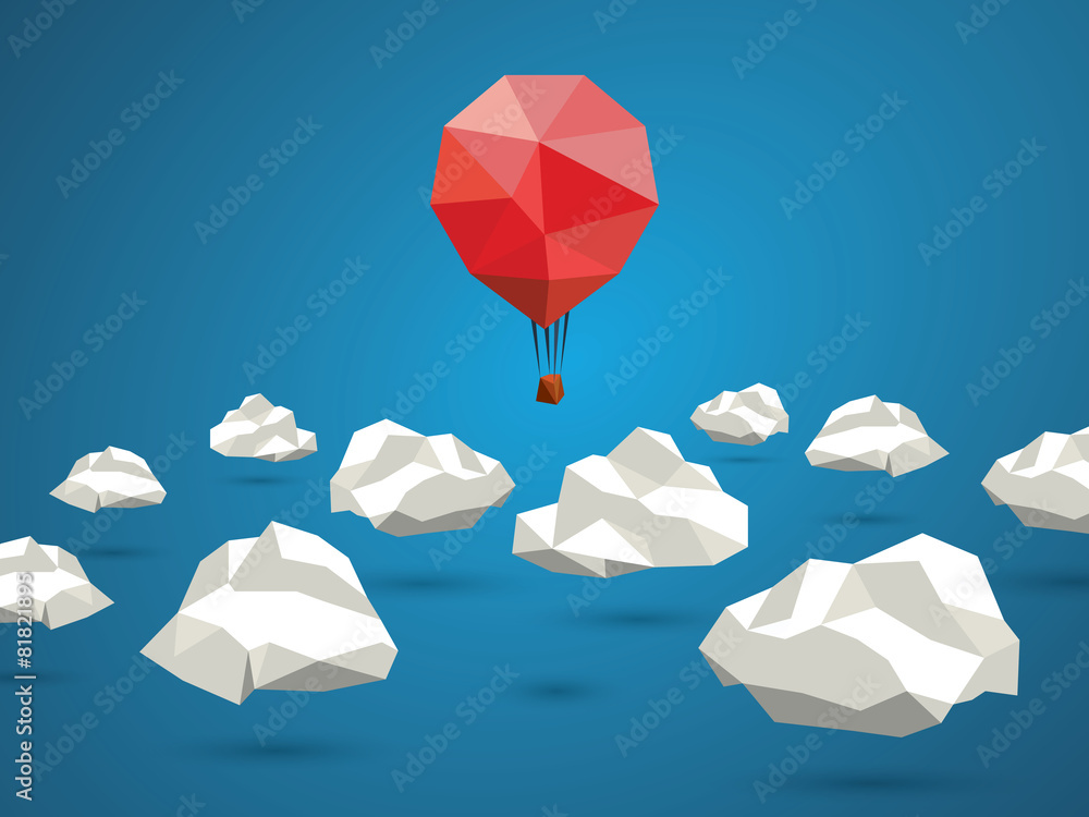 Naklejka premium Low poly red balloon flying between polygonal clouds in the sky