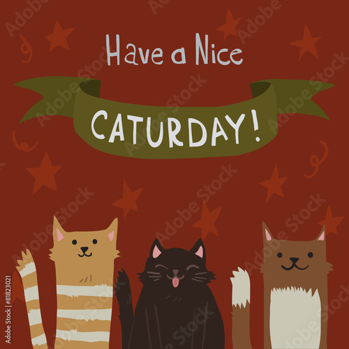 Vector cartoon flat Cats Saturday Postcard.