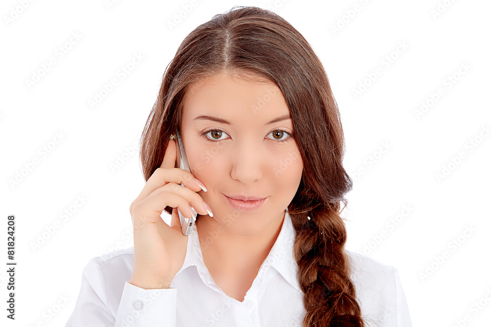 Beautiful young woman portrait, talking by mobile phone Beautiful young woman portrait, talking by mobile phone