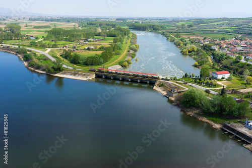 Aerial view of the artificial lake Kerkini and river Strymon wit