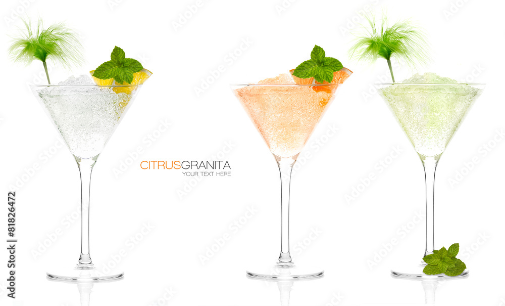Naklejka premium Set of Citrus Fruit Granitas in Cocktail Glasses