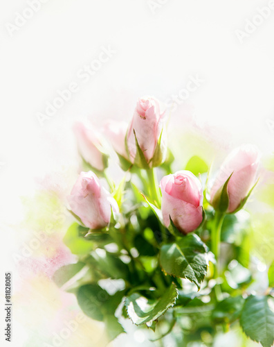 Fototapeta Naklejka Na Ścianę i Meble -  Small pink roses bouquet on the windowsill in bright light