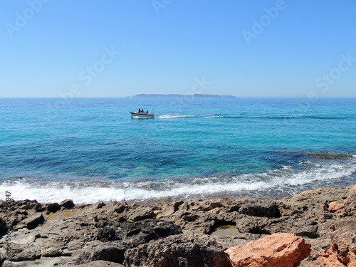 Boat At The Blue Sea, The Red Coast Of Cape Salines, Majorca