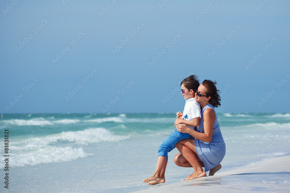Mother and son on tropical beach, Florida