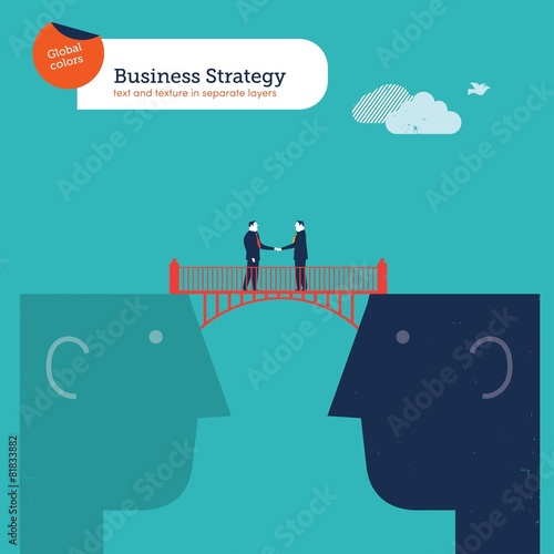 Businessmen shaking hands on a bridge between two heads.