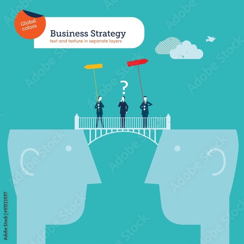 Businessman on a bridge between two heads doubting which way.