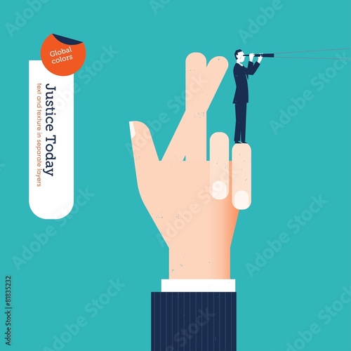 Hand with crossed fingers and businessman with spyglass.