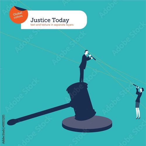 Businessman standing on a hammer of justice with spyglass