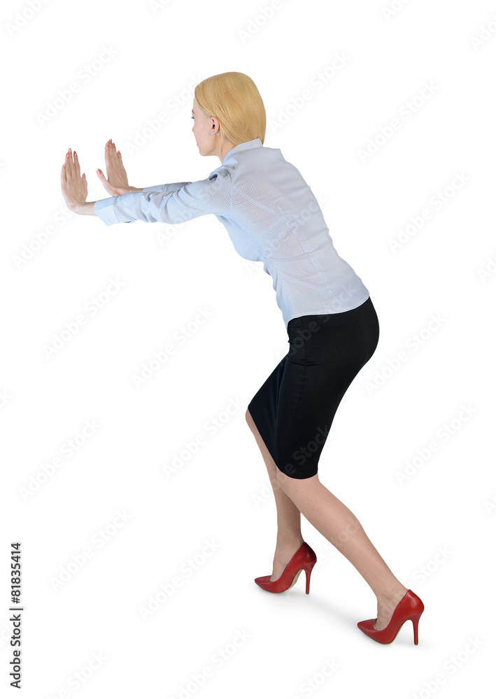 Business woman push something Business woman push something