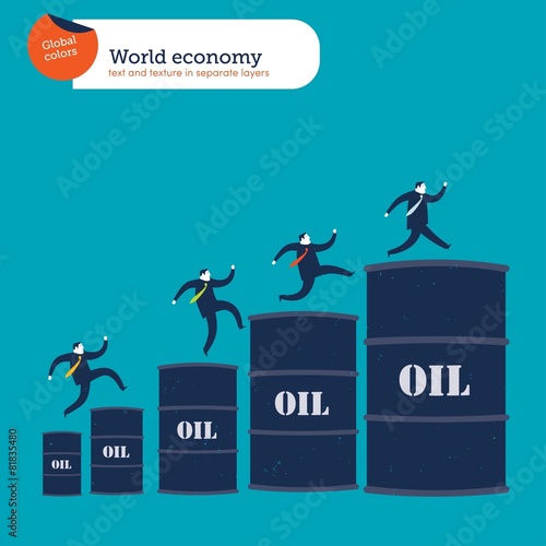 Businessmen climbing up an oil barrel's chart