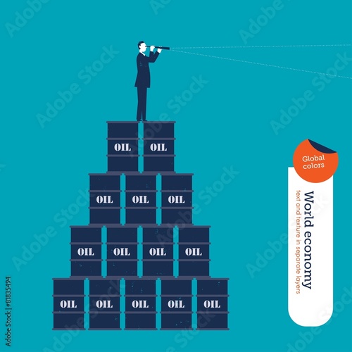 Businessman with spyglass standing in an oil  pyramid