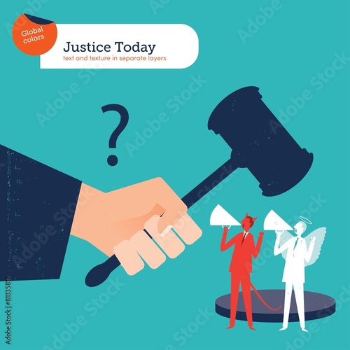 Judge with hammer of justice angel and demon.