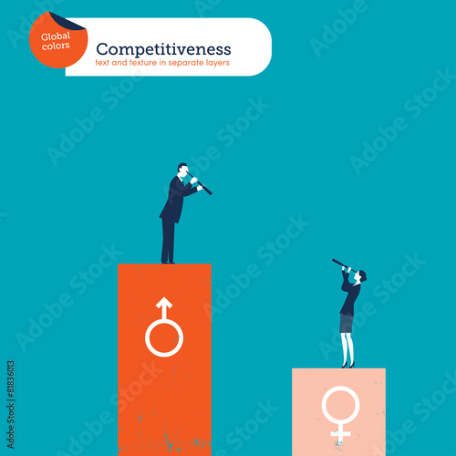 Businessman looking down at businesswoman through a spyglass