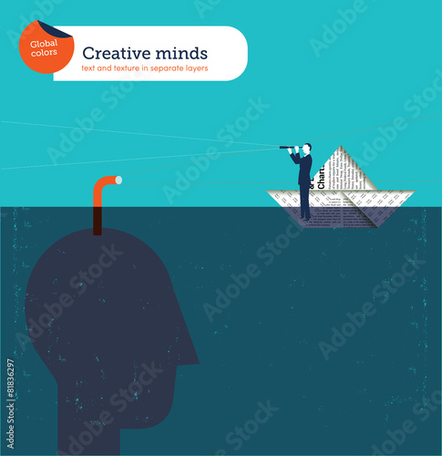Head with periscope checking businessman on paper boat