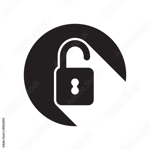 black icon with open padlock and stylized shadow