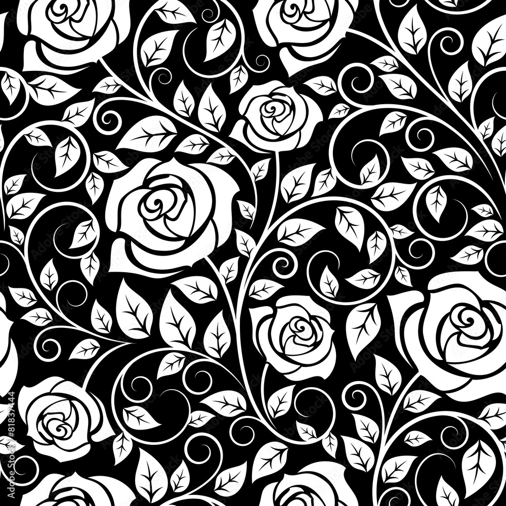 Black and white roses seamles pattern Stock Vector | Adobe Stock