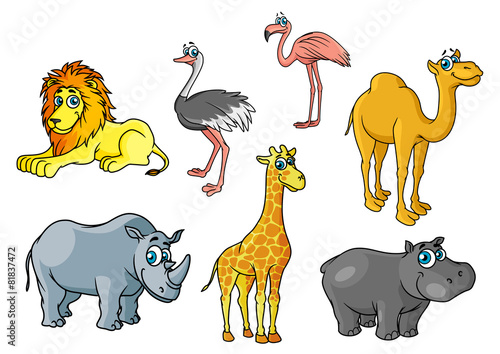 Cartoon african wild animals and birds characters