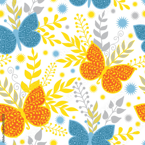 Vector vibrant blue and orange butterflies seamless pattern