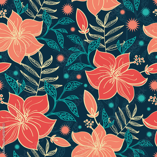 Vector vibrant tropical hibiscus flowers seamless pattern