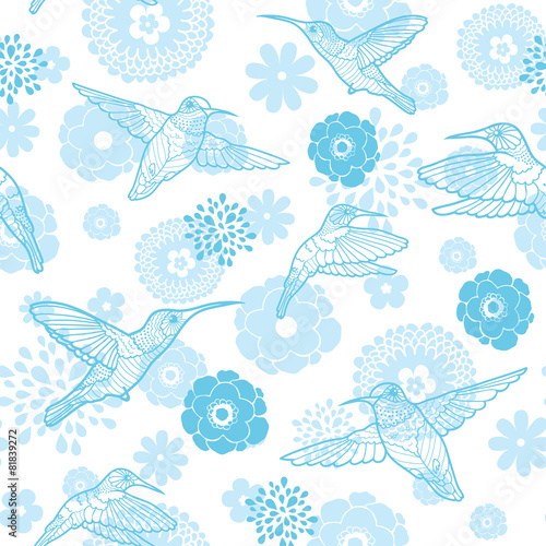 Vector blue hummingbirds and flowers lineart seamless pattern