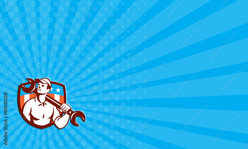 Obraz premium Business card Mechanic Spanner Wrench USA Flag Retro