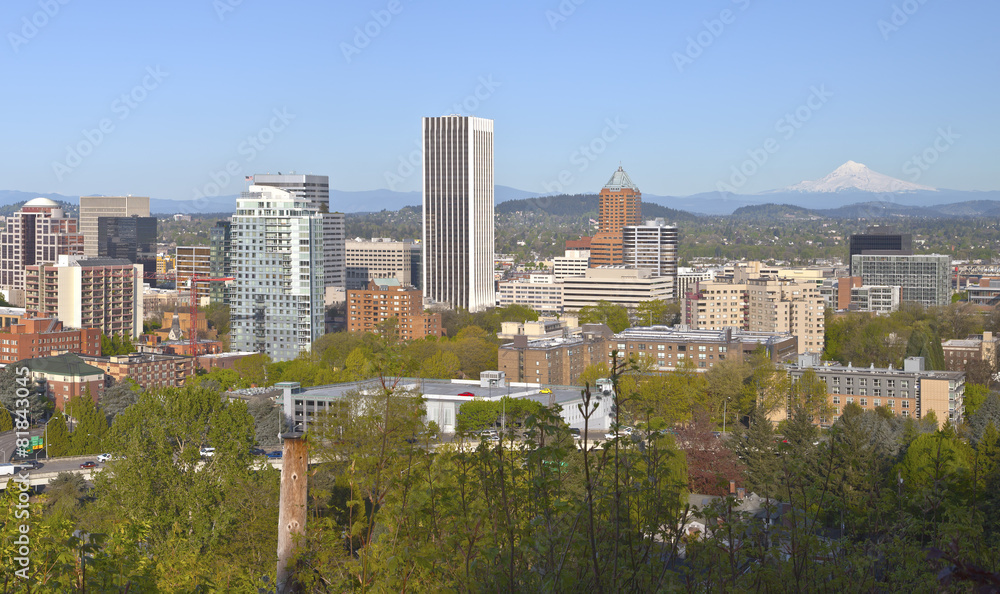 Fototapeta premium Portland city buildings panorama Oregon and Mt. Hood.